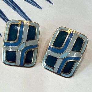 Vintage Elegant Blue Gold Tone Geometric Pierced Earrings